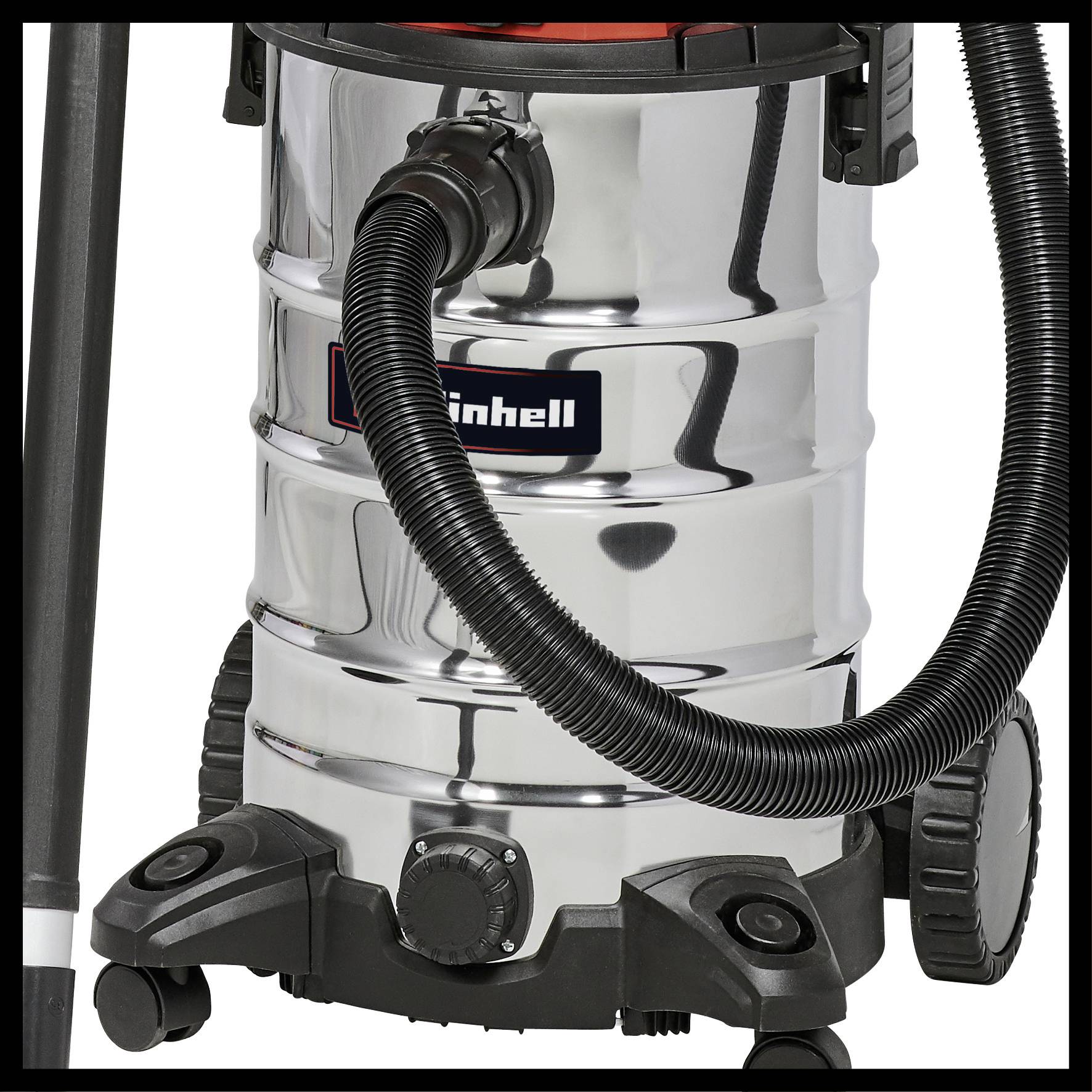 Industrial wet and dry vacuum cleaner with metallic housing and wheels. Suitable for heavy-duty cleaning tasks in workshops or garages.