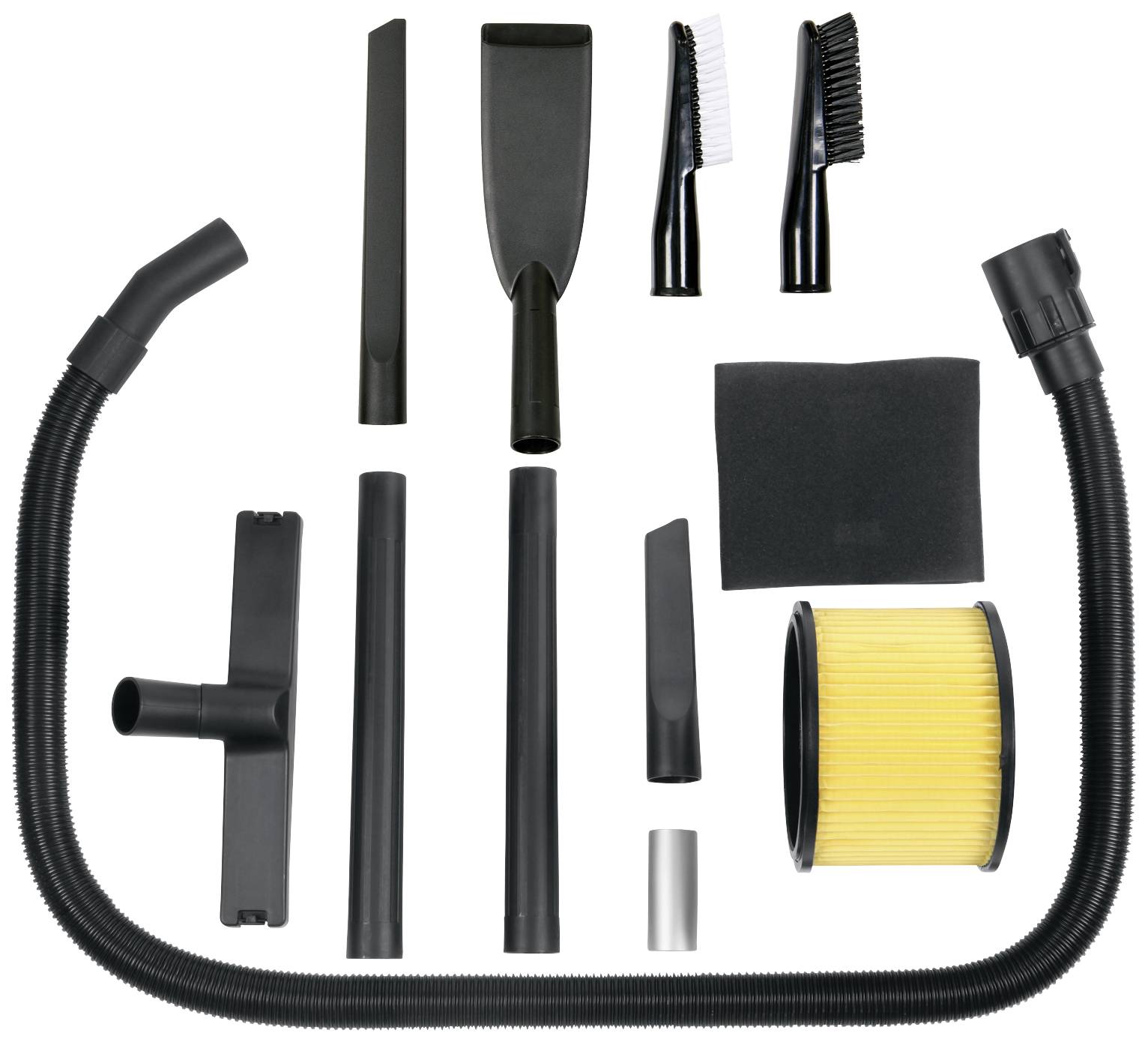 Equipment set with multiple accessories for a vacuum cleaner, including hoses, nozzles, and brushes, on a white background.
