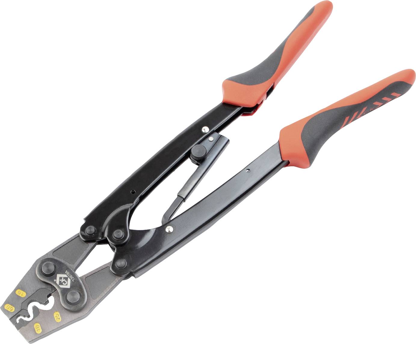 Pliers with red handles, suitable for crimping connections.