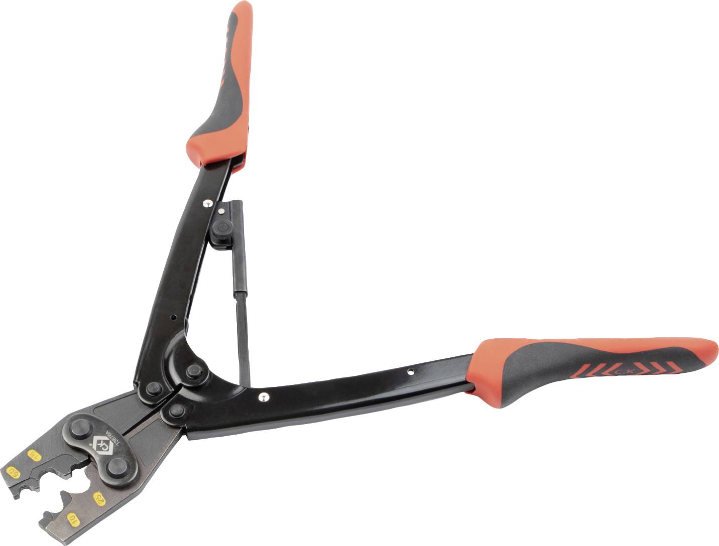 A cable crimping pliers with red handles, open, shows the cutting and crimping tool. Suitable for processing cable connections.