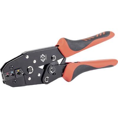 A crimping pliers with a black and red handle, used for connecting cables and connectors in electrical installation.