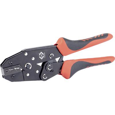 Hand crimping tool with a black metal head and orange handle, suitable for crimping cables or connectors in electrical work.