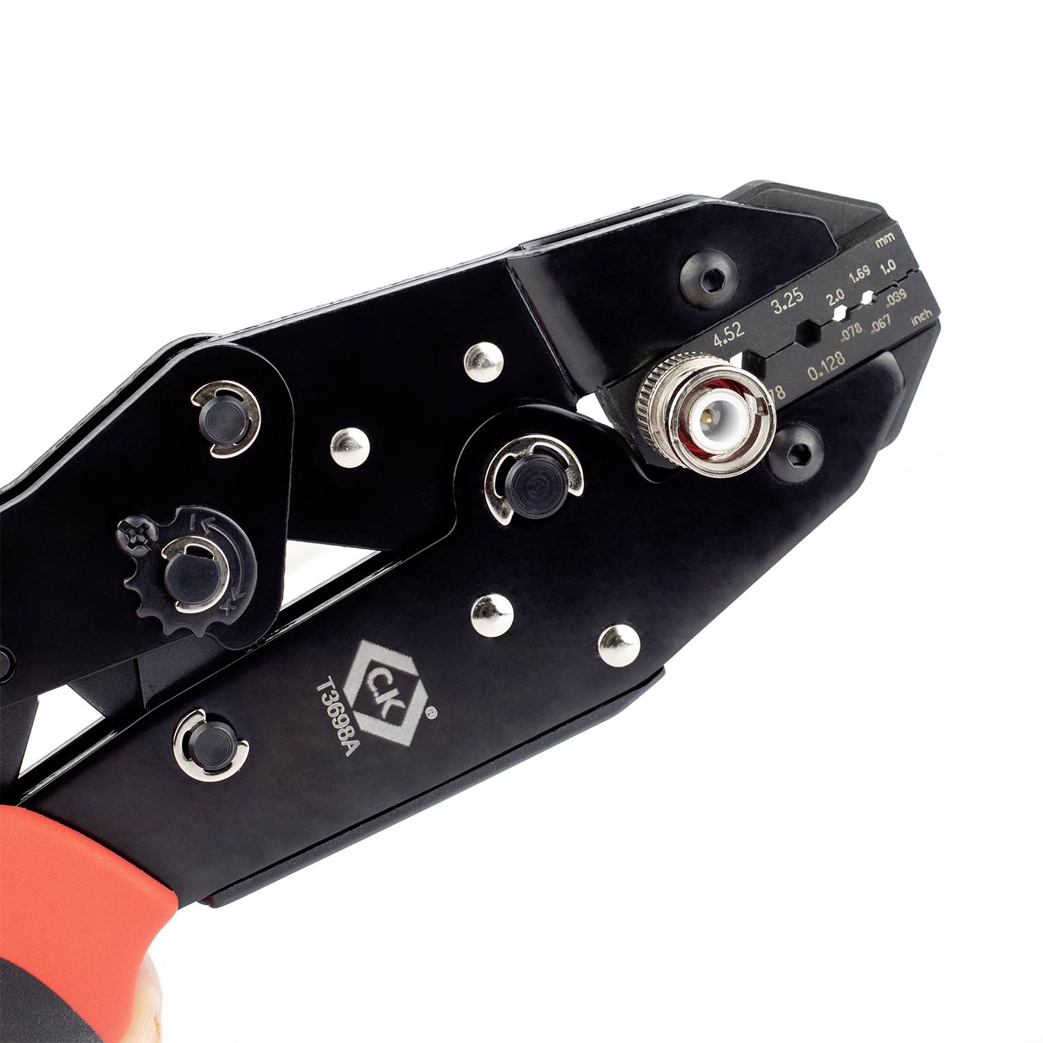 A black crimping tool with metal and plastic components, used for compressing cable connections.