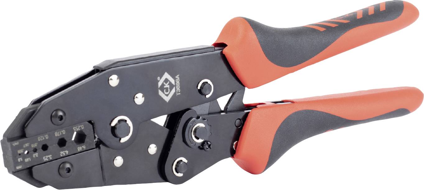 Crimping pliers with a black metal body and red handles, suitable for crimping cable terminals.