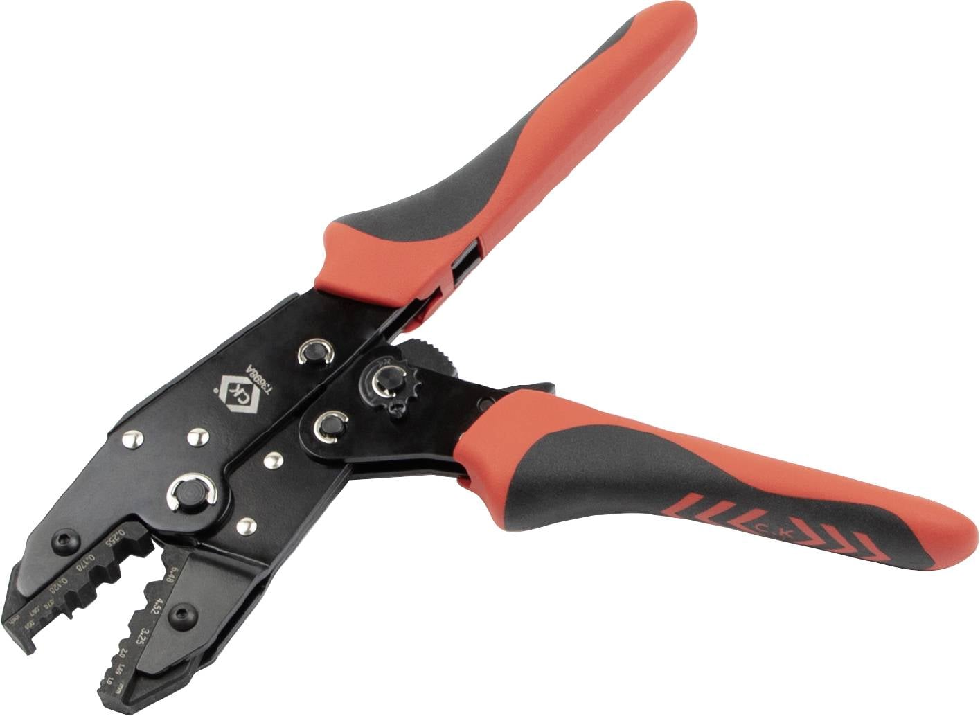 A red and black crimping pliers with insulated handles for processing cable connections.