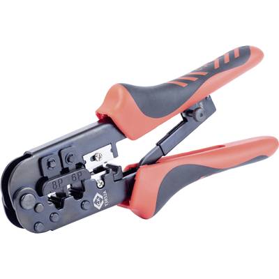 Red and black crimping pliers for RJ45, RJ11, and RJ12 connectors, primarily used for network installations.