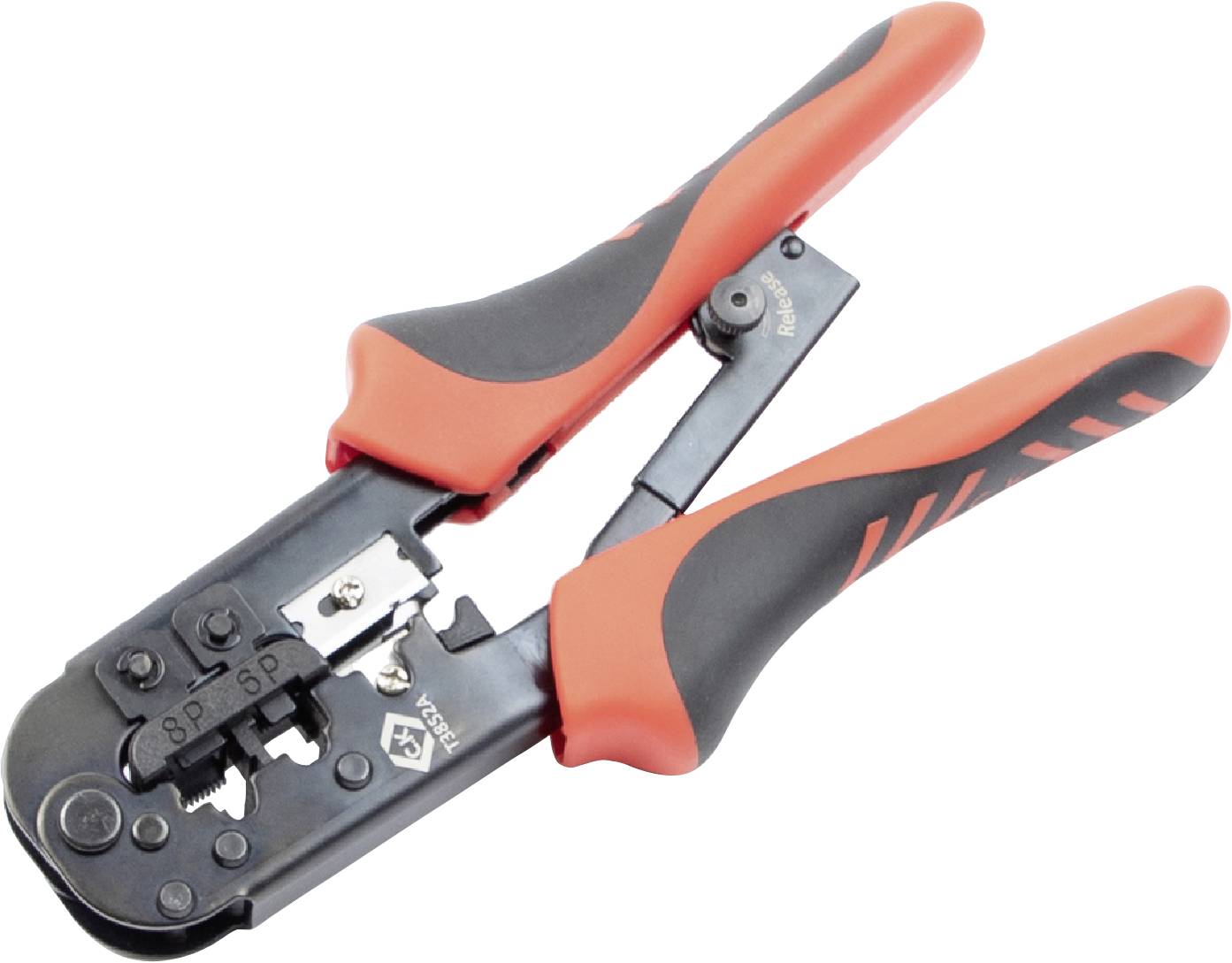 A red and black crimping pliers used for wiring. It has various openings for different cable sizes.