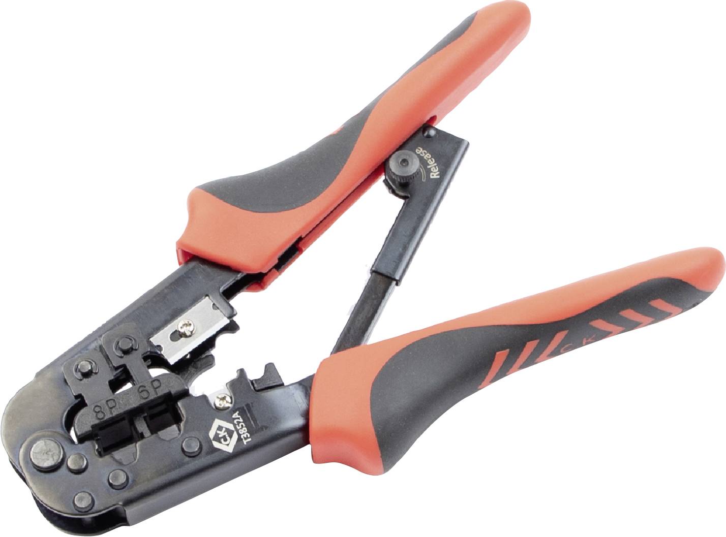 Network crimping tool with red and black handles, used for connecting cables with connectors.