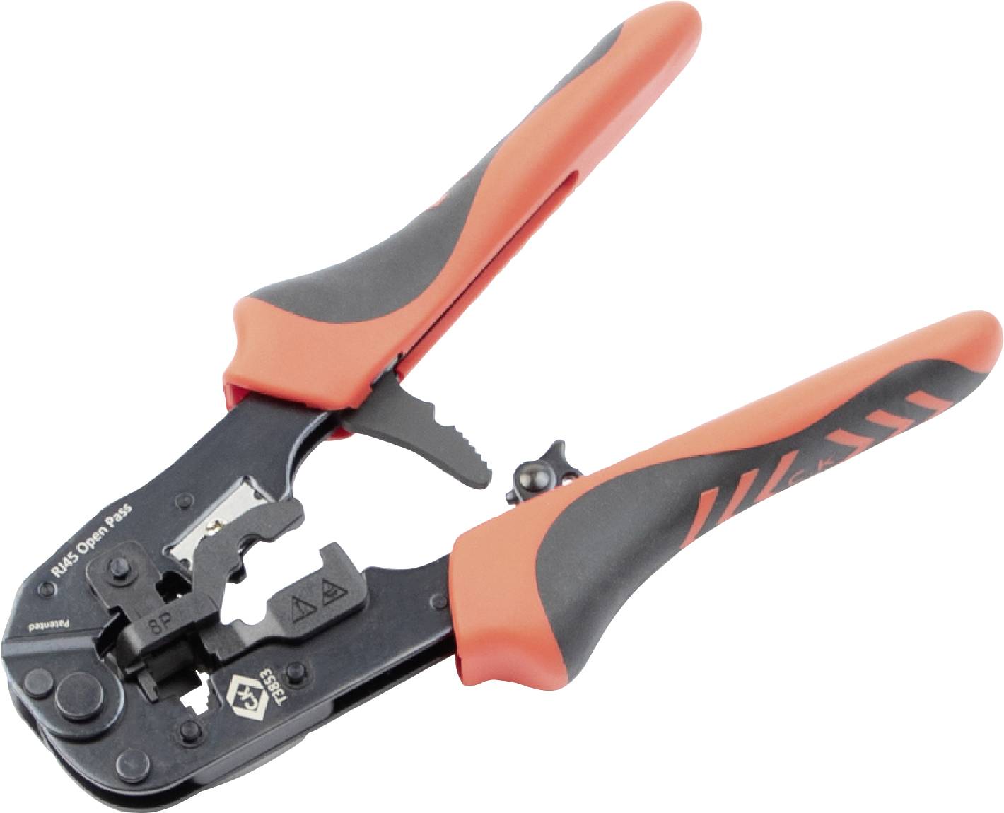 A crimping pliers with an orange-black handle for stripping and crimping cables.
