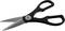 Black kitchen scissors with stainless steel blades, suitable for cutting food and packaging.