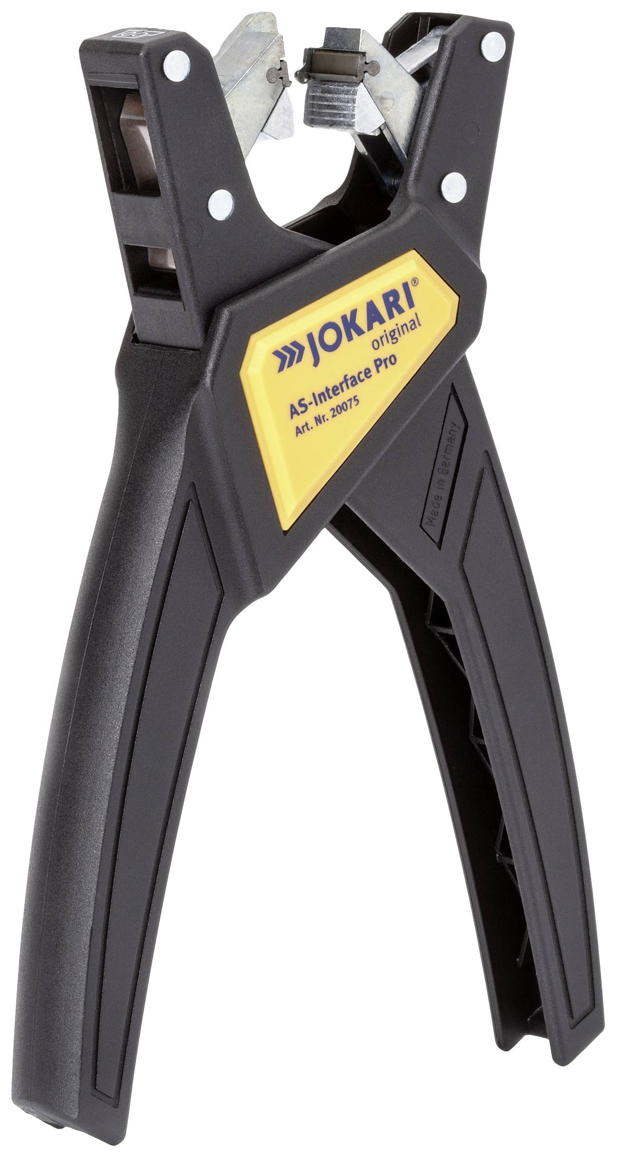 A Jokari automatic wire stripping pliers, model AS-Interface Pro, black with a yellow label, for stripping wires.