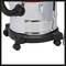 Vacuum cleaner with a metallic, cylindrical container mounted on wheels, featuring a black side hose and a black base at the bottom.