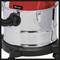Vacuum cleaner with metal tank and black hose on wheels. Suitable for use on hard surfaces and collecting dirt.