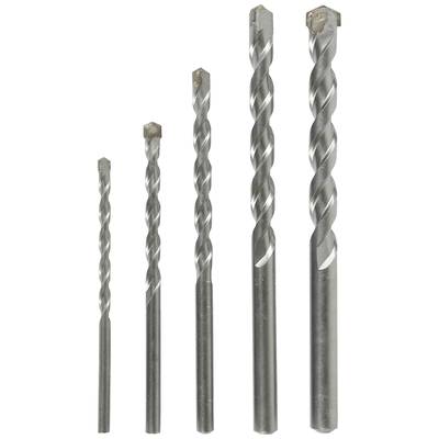 Five drill bits in different sizes, standing side by side. They are made of metal and have a spiral structure for woodworking.