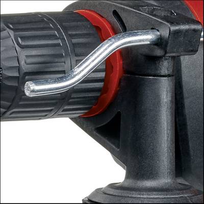 A detailed close-up image of a tool with a black handle and a metal lever, potentially part of a drill or similar device.