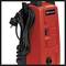 High-pressure washer in a red casing with a black cable and plug, Einhell brand identifiable.