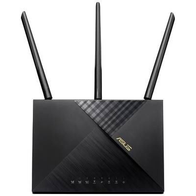 A black Wi-Fi router with three aerials. The ASUS logo is located on the front.