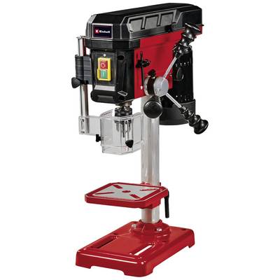 A red bench drill with a black housing, fitted with speed controls and a safety cover mechanism.