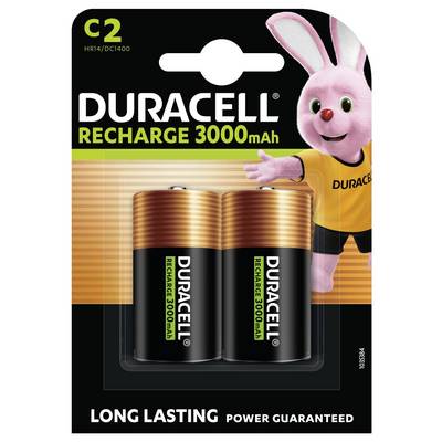 The image shows a pack of two Duracell rechargeable C2 batteries, labeled 'Recharge 3000mAh', featuring a pink bunny mascot on the packaging.