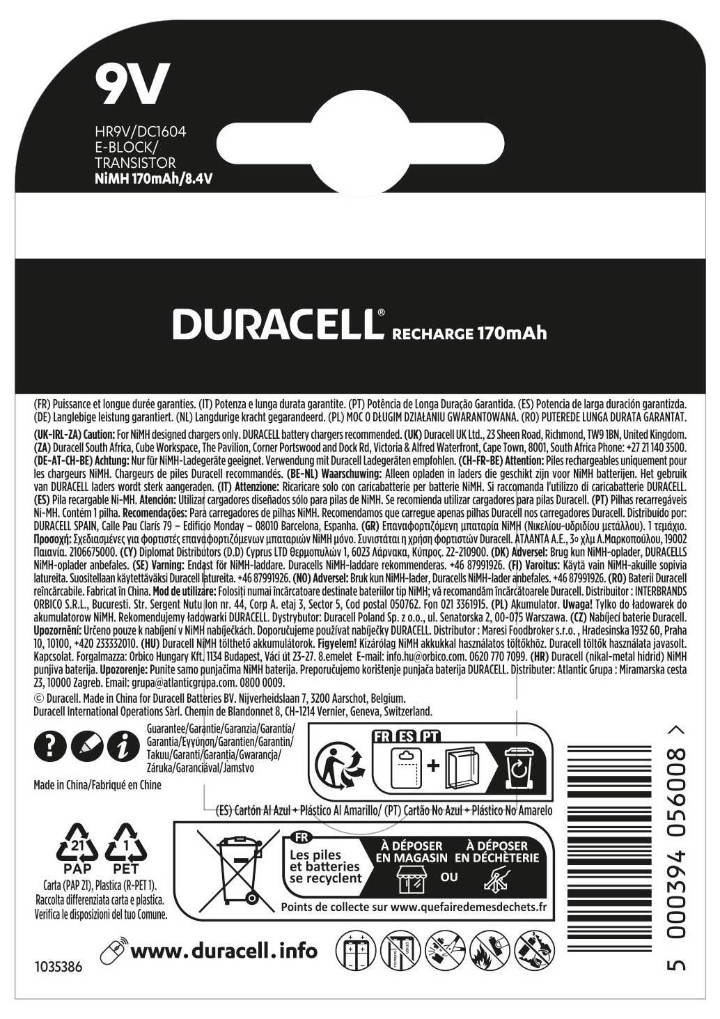 ‘Duracell’ 9V rechargeable battery packaging, 170mAh capacity. Text in multiple languages. Icons for environmental disposal.