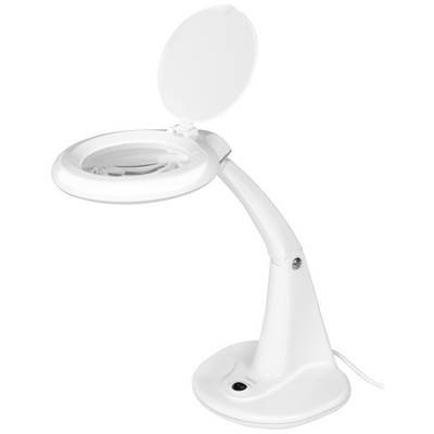Magnifying lamp with a round lens and flexible arm, suitable for detailed work such as reading or crafting.