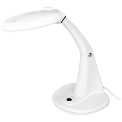 White desk lamp with a curved arm and oval lampshade, standing on a sturdy base, with cable at the rear.