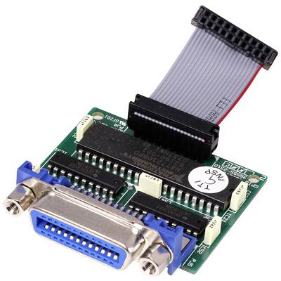 A computer chip with cable and a blue parallel port, mounted on a small circuit board.