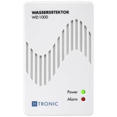 A white water detector 'WD1000' by H-Tronic with a green power light and red alarm light on the front.