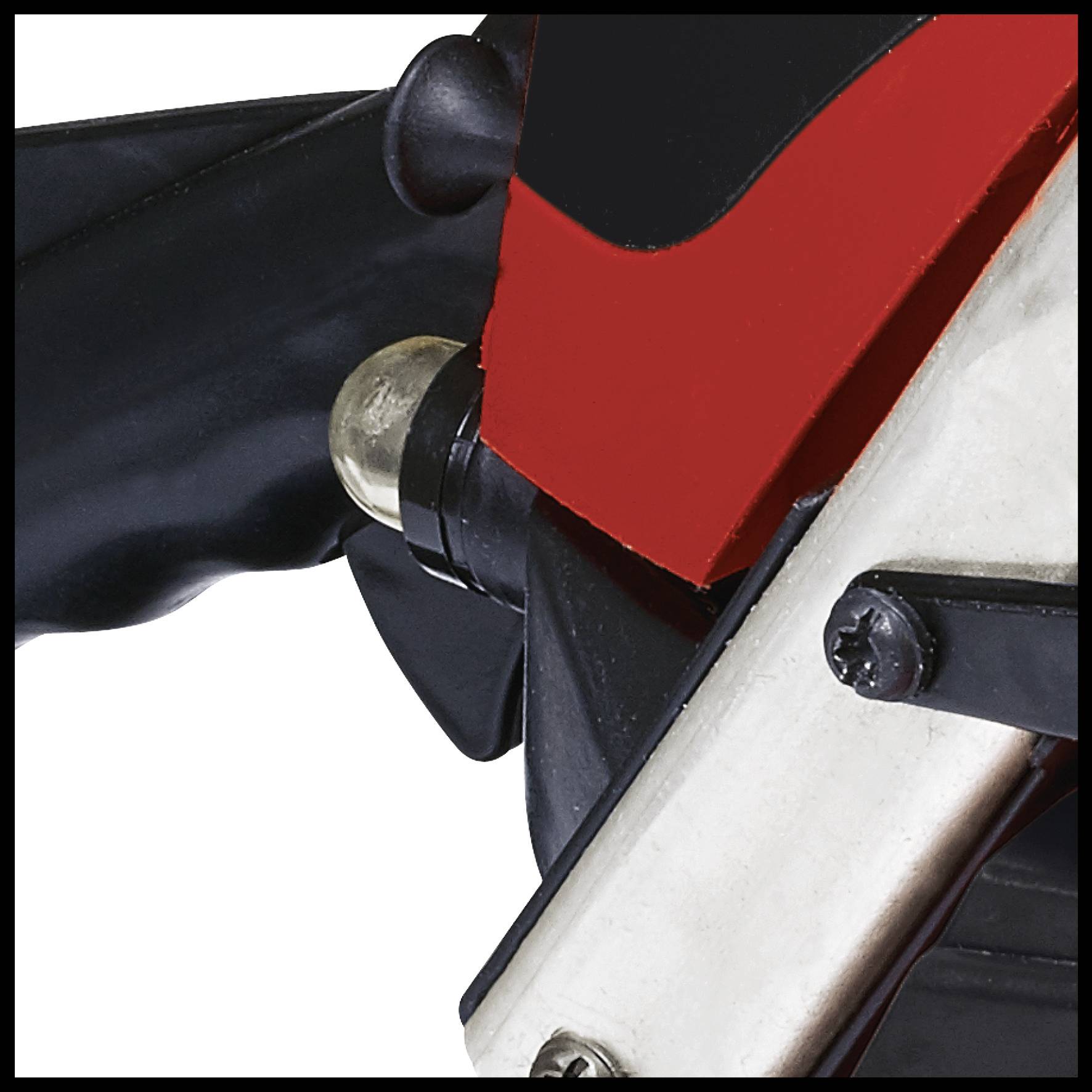 Close-up of part of a mechanical tool with a black handle and red details.