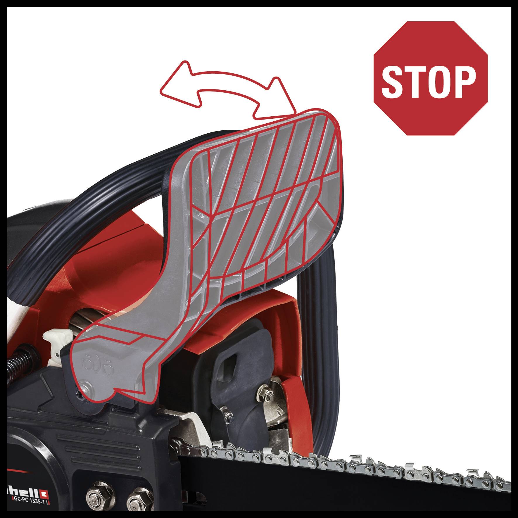 Chainsaw with a red stop sign and arrow pointing to a protective shield. Symbolises keeping fingers away and safe machine practices.