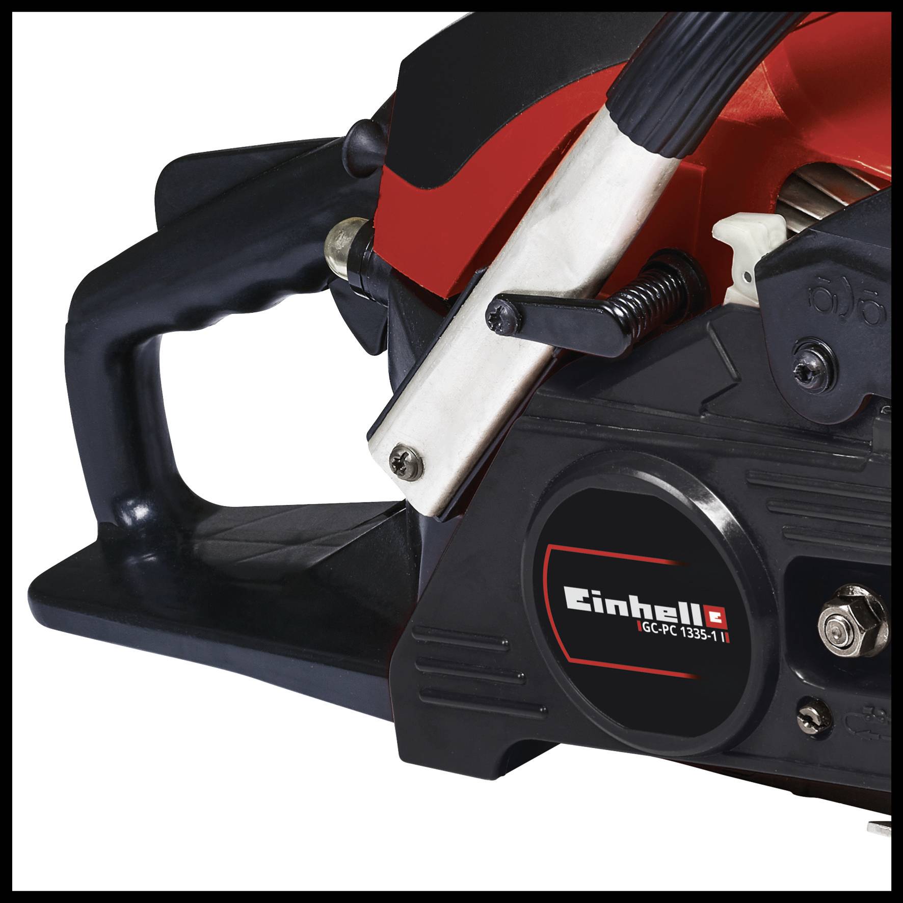 Electric circular hand saw in close-up, black and red, with one handle and visibly sharp blade, brand 'Einhell'.