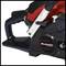 Electric circular hand saw in close-up, black and red, with one handle and visibly sharp blade, brand 'Einhell'.