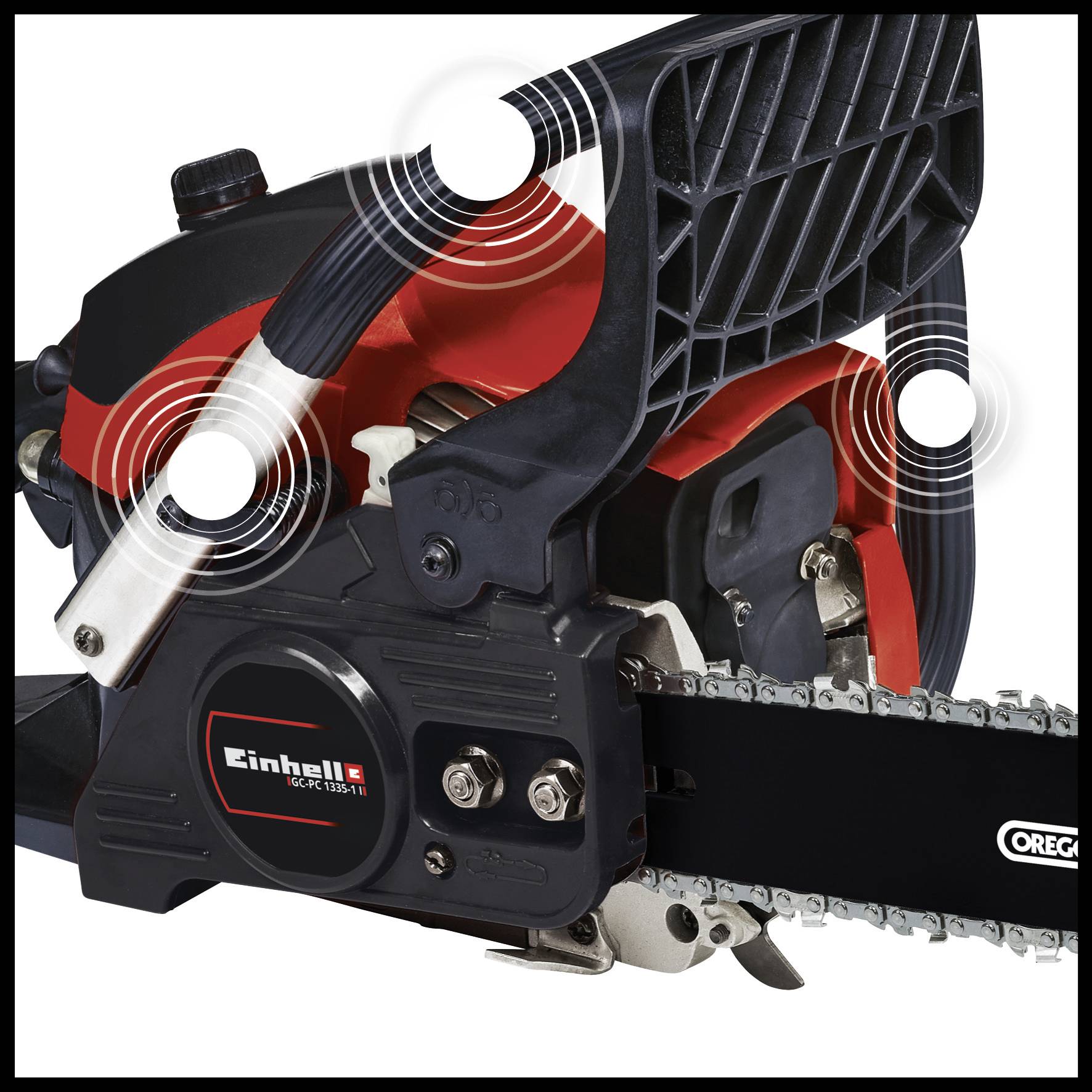 A red and black chainsaw with a distinctive handle and built-in sound waves indicating noise emission.