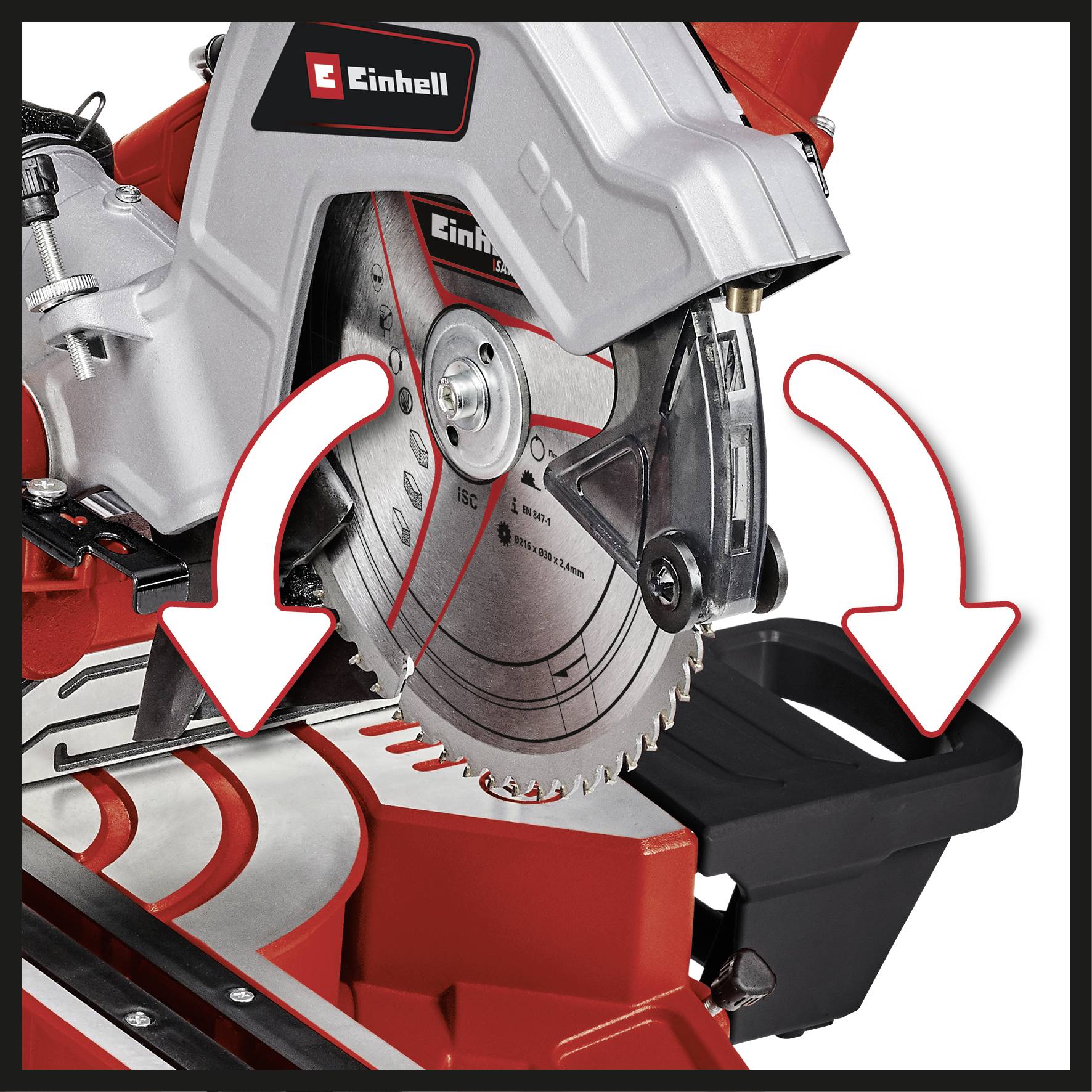 'Einhell' mitre saw with saw blade in close-up, arrow pointing to the cutting area, second arrow indicating the lower collection container.