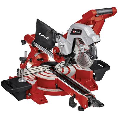 Red and silver mitre saw with laser guidance, showing saw blade, adjustable table extension and dust bag.