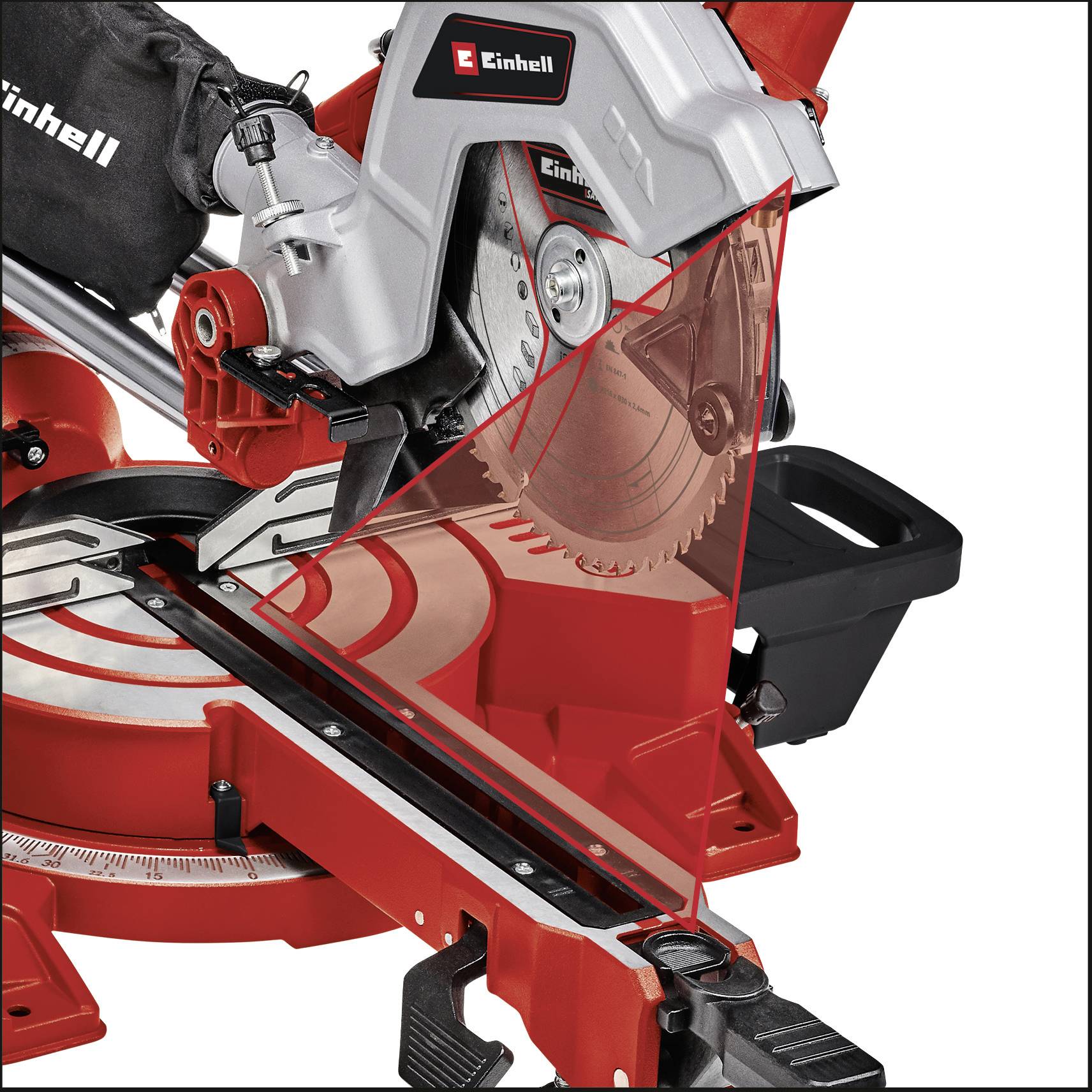 'Einhell mitre saw with red casing and black handle, suitable for precise woodworking.'