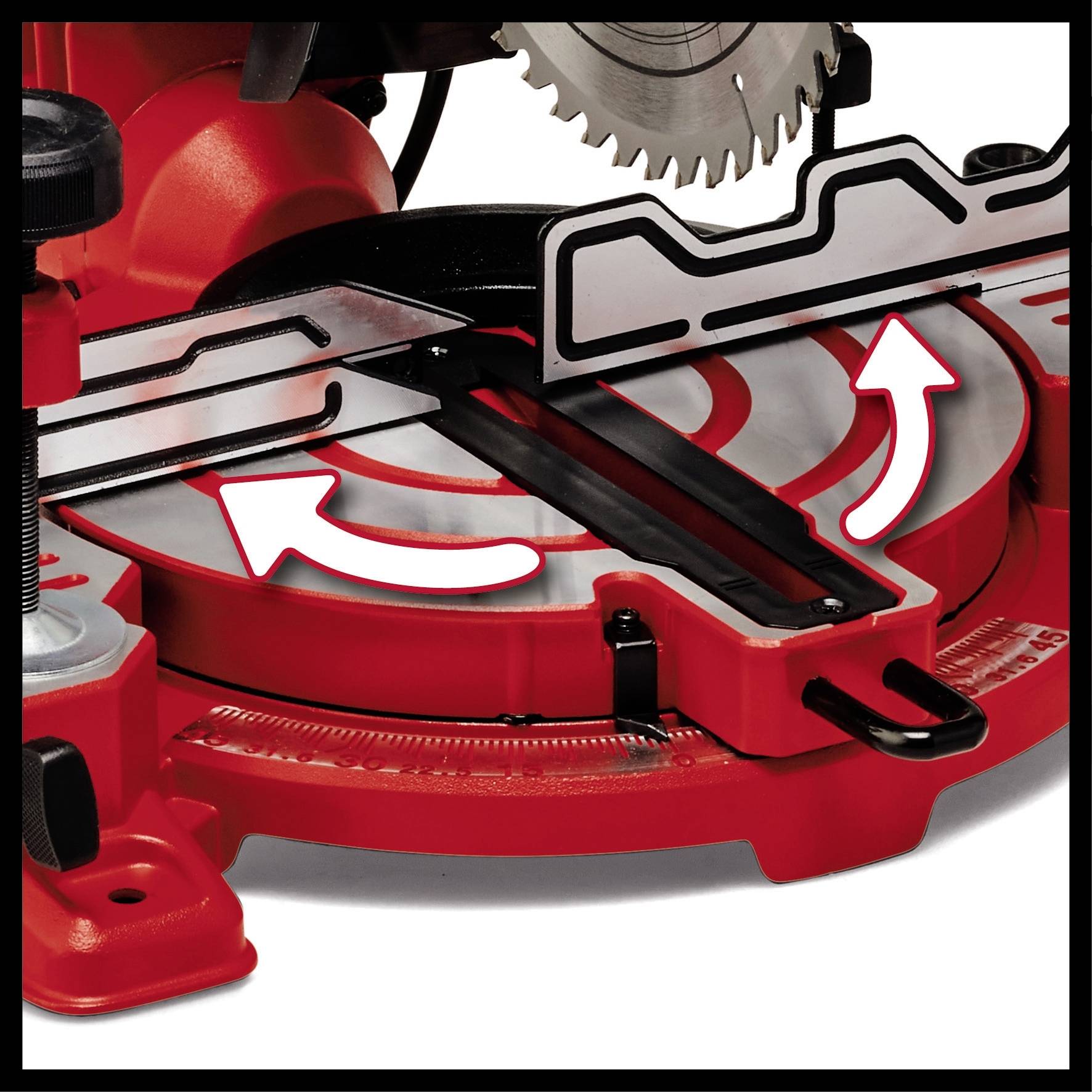 Red mitre saw with saw blade and base, showing arrows for adjustment directions. Markings and line for angle adjustment visible.