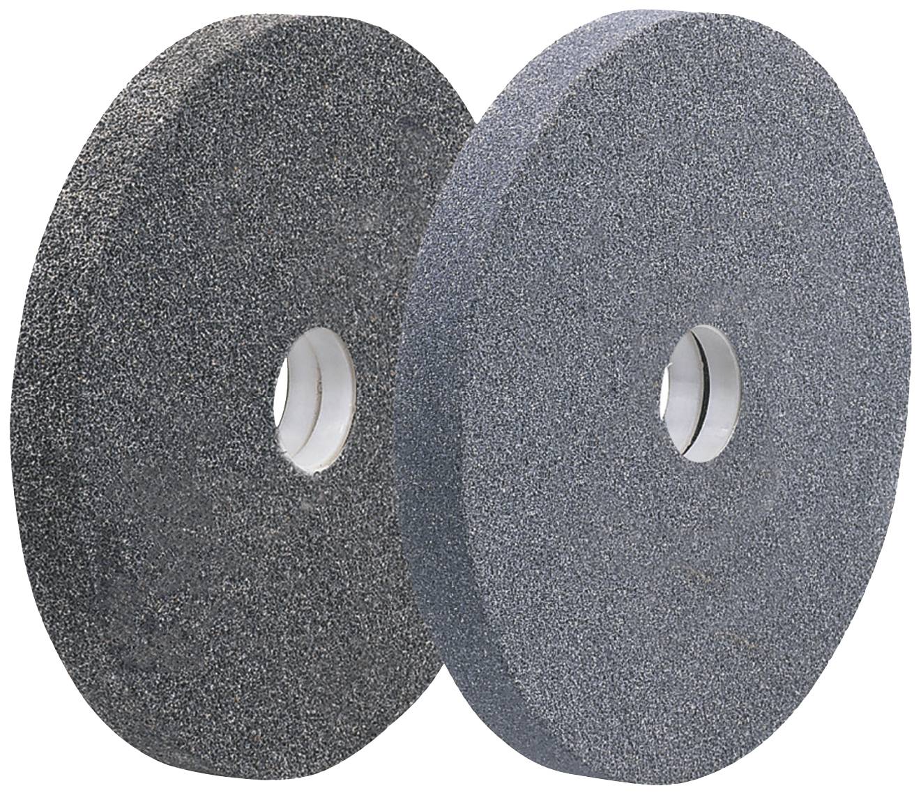 Two grinding wheels made of coarse material, each with a central opening. One is dark grey, the other slightly lighter.