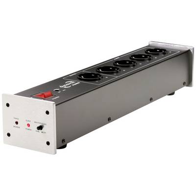 Six-way power strip with a red network switch. Control lights for phase and status are located on the left.