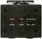 Rear view of an audio amplifier with switches and indicators: 'Phase', 'Slave Power', 'Master/Slave', 'On/Off'. Black surface.