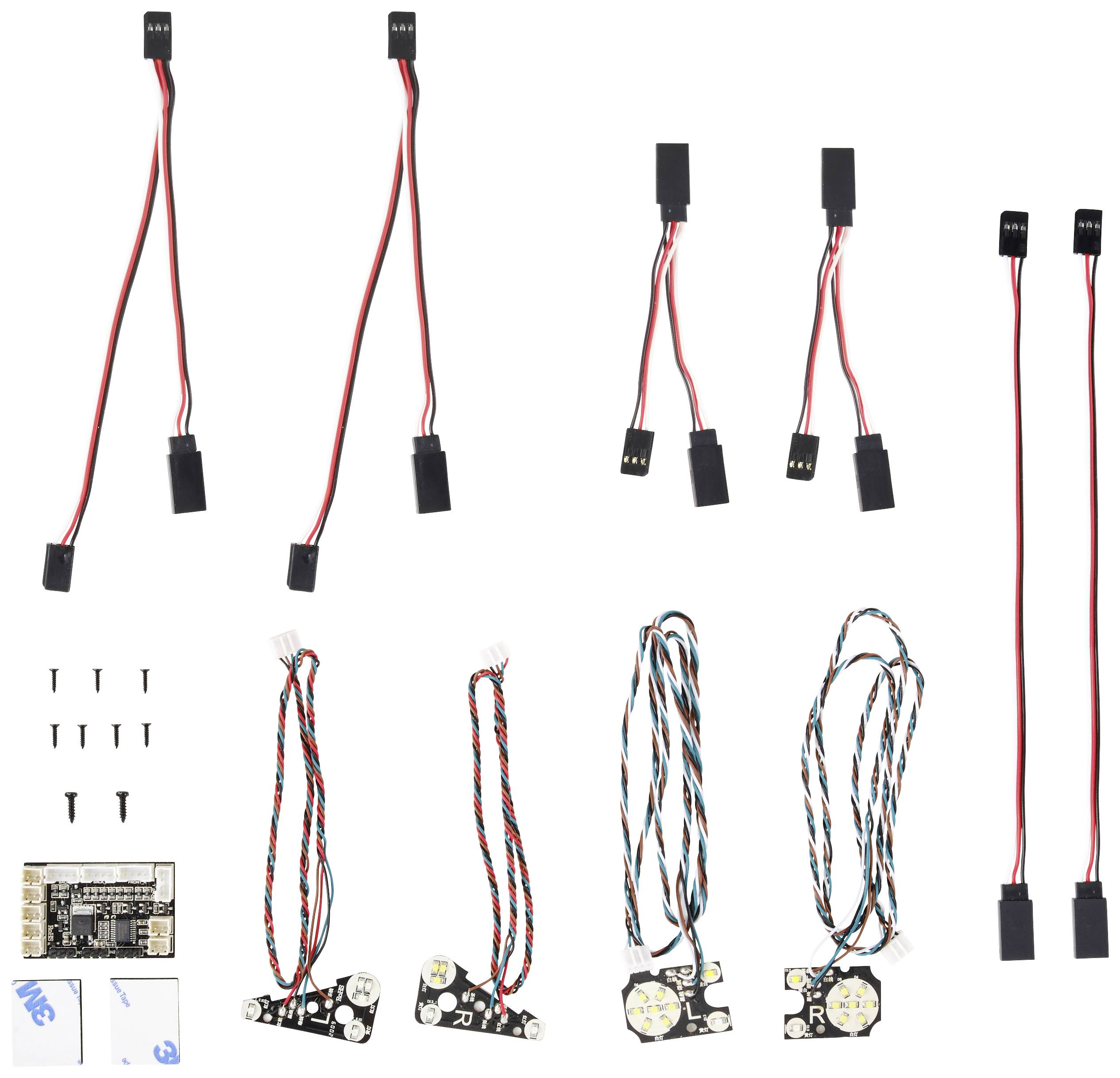 Several cables and electronic components on a white background, including plugs, screws and circuit boards with LEDs and wires.