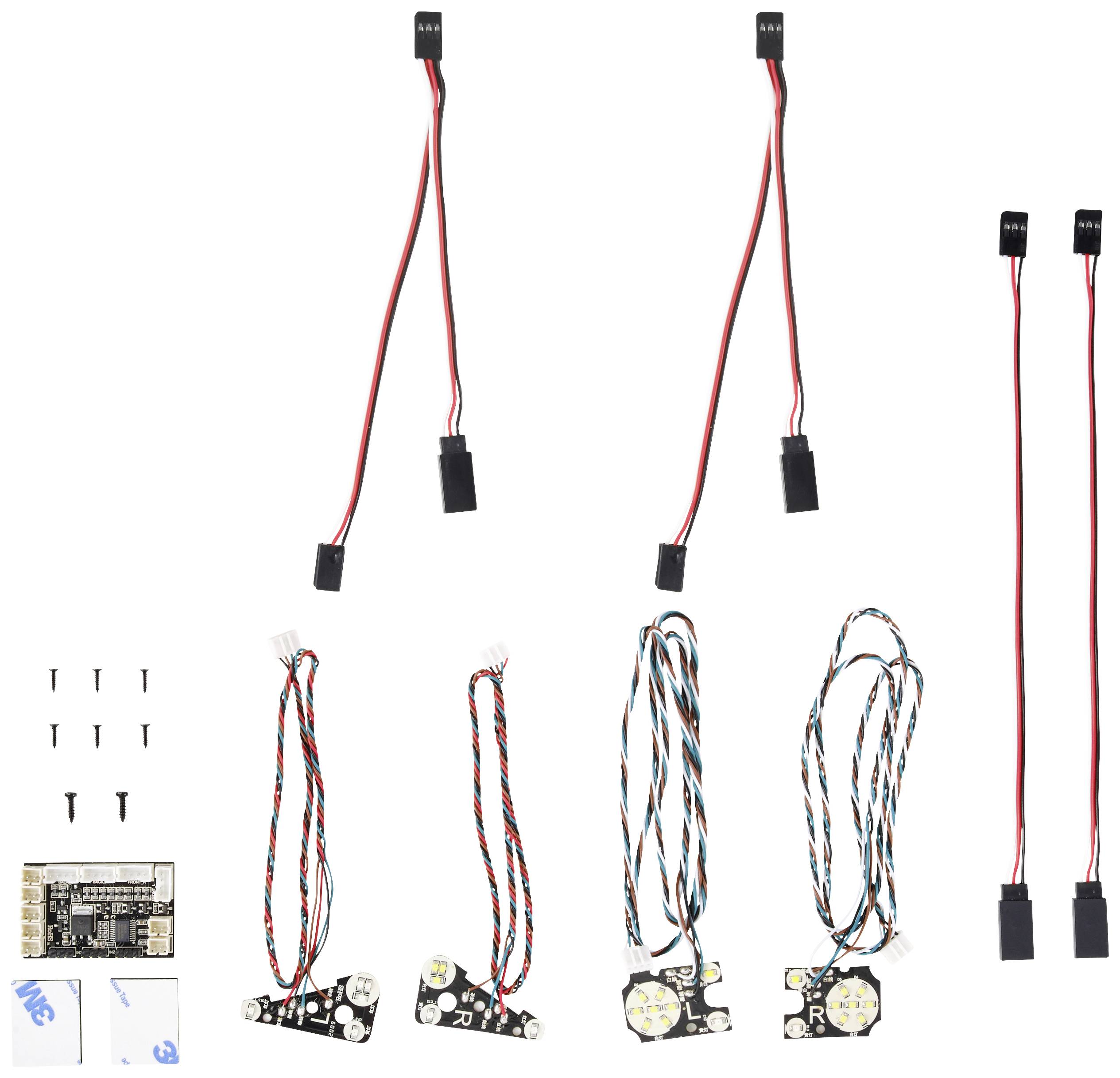 LED lighting set with cables and accessories for drones or models, including 4 LED strips, control board, and mounting materials.