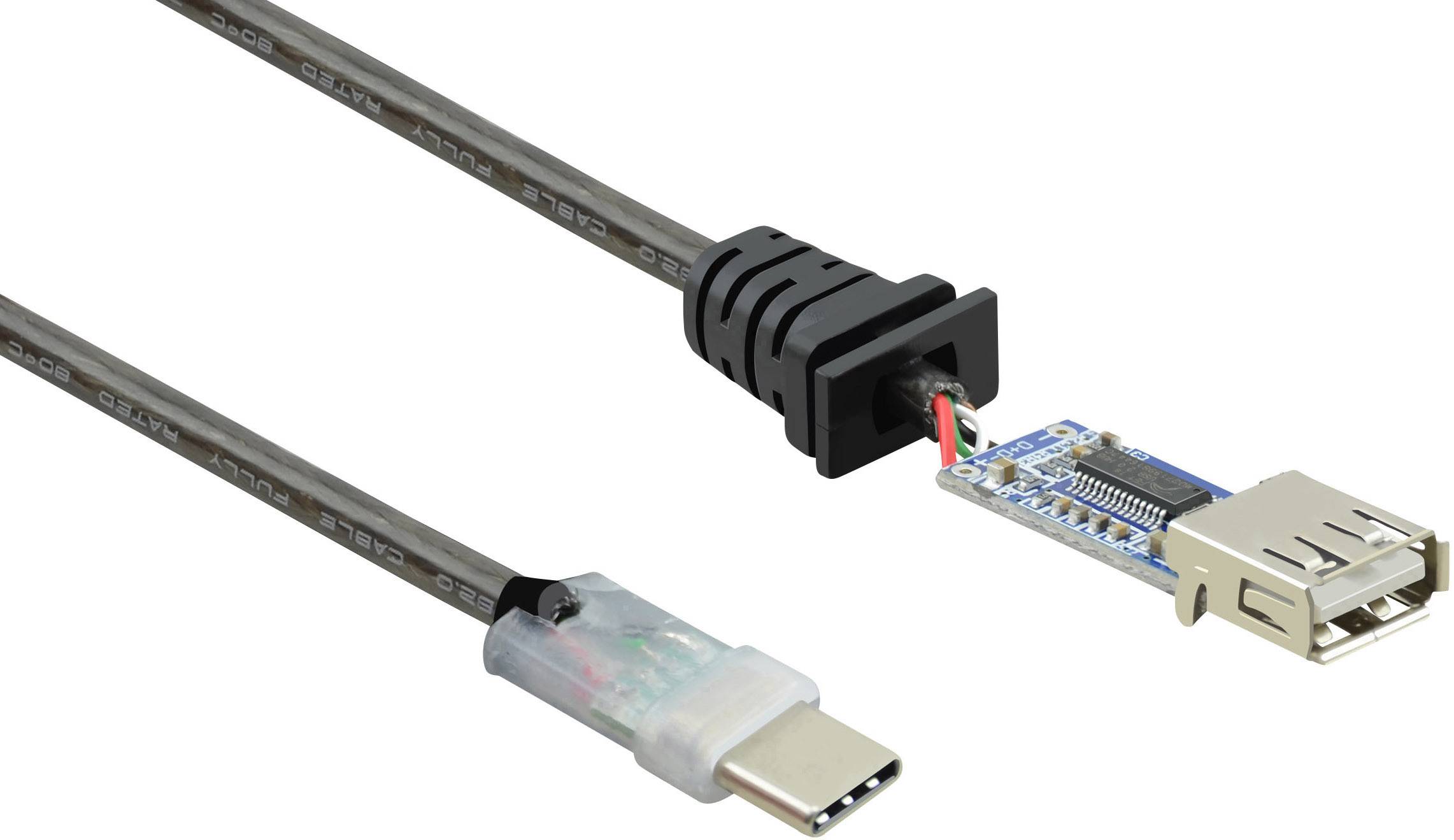 A USB-C adaptor cable with an open end and circuit components, suitable for technical repairs or modifications.