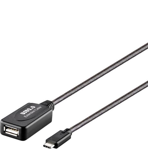 Renkforce USB cable USB 2.0 USB-C® plug, USB-A socket 10.00 m Black Battery / signal amplifier combo, gold plated connectors RF-5067256