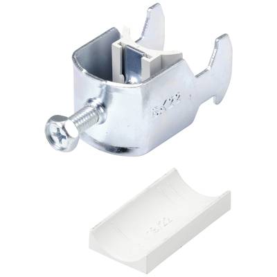 A silver cable clip with a screw and separate white plastic component. Suitable for securing cables to surfaces.