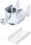 A silver cable clip with a screw and separate white plastic component. Suitable for securing cables to surfaces.
