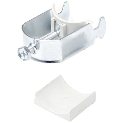 Metal pipe clip with screw and plastic insert. Used for securing pipes. Plastic insert shown separately.