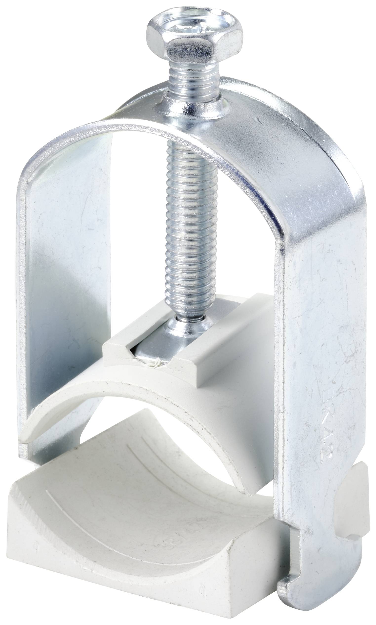 Metal and plastic pipe clamp with screw for securing pipes.