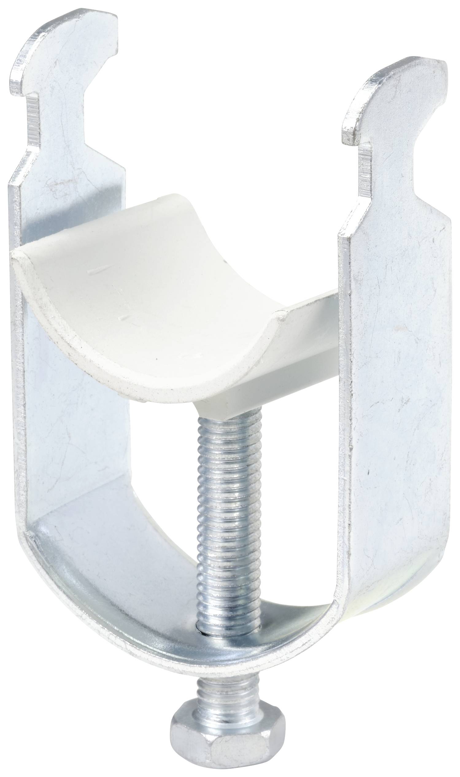 Metal clip with screw and white plastic fixing, suitable for securing pipes or rods.