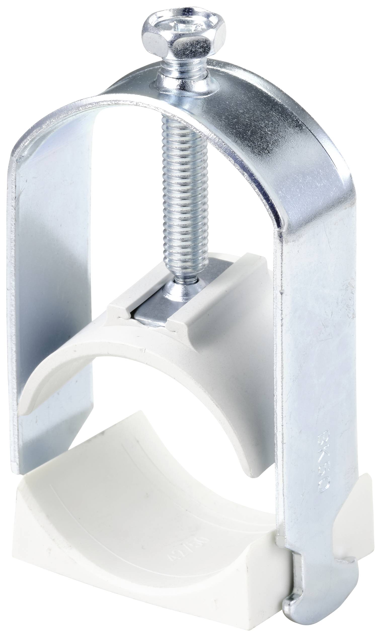 A pipe clip holder, consisting of a metal clamp with a screw and a plastic-coated mounting bracket for securely fixing pipes.
